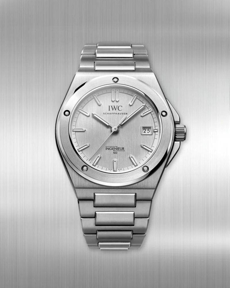 IWC Ingenieur Automatic 40 50th Anniversary front view on a brushed silver field