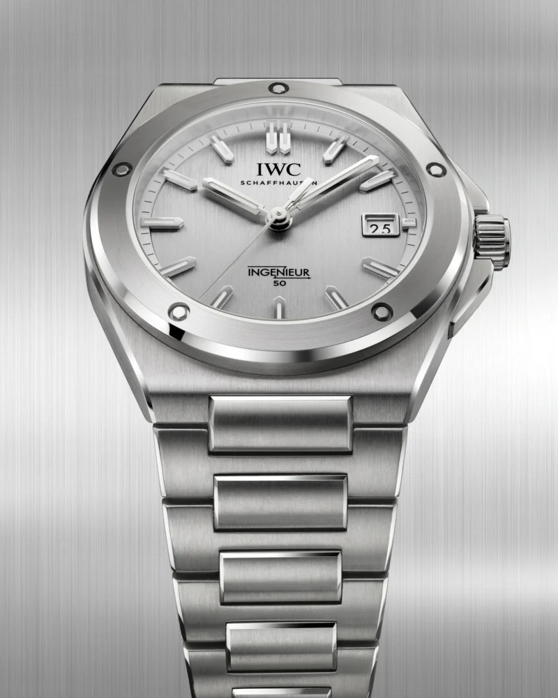 Close view of the brushed silver IWC Ingenieur 50th Anniversary dial