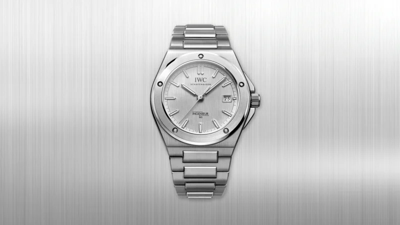 IWC Ingenieur Automatic 40 50th Anniversary on a horizontal brushed silver background