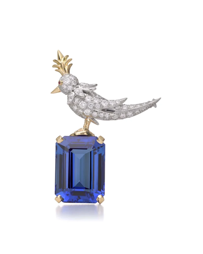 Jean Schlumberger Bird on a Rock clip with a rectangular blue tanzanite