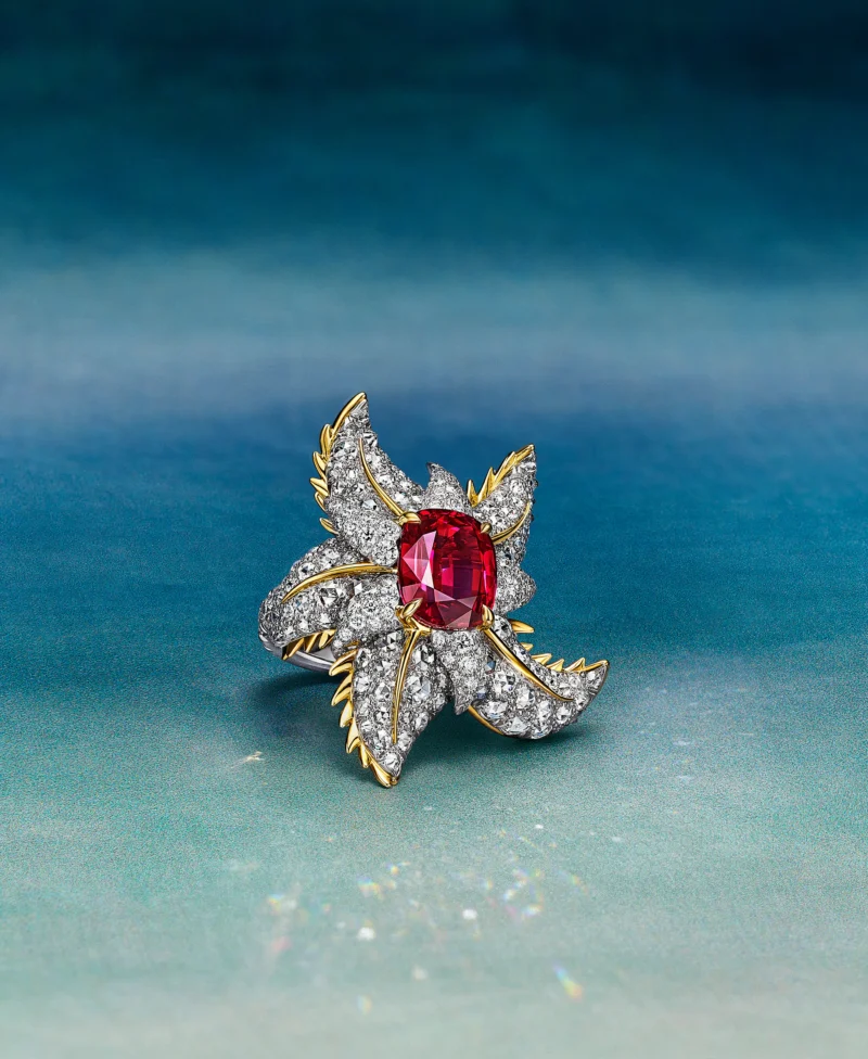 Tiffany high jewellery starfish ring centred on a cushion-cut ruby
