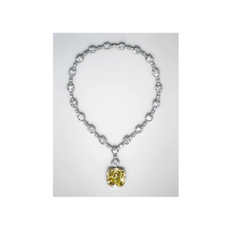The Tiffany Diamond suspended from a white diamond necklace