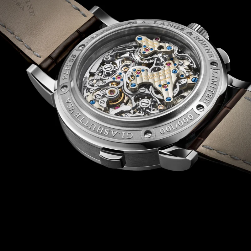 Caseback of the platinum Triple Split revealing calibre L132.1