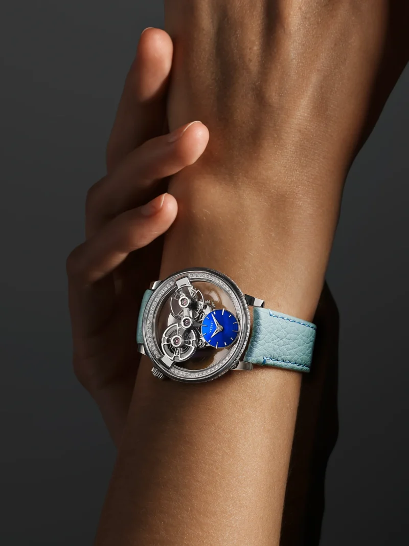 MB&F SP One Pavée wrist view with pale blue strap