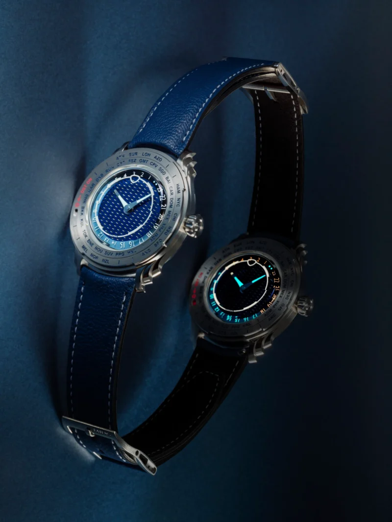 Two MING 57.05 Comet watches showing daylight and luminous displays