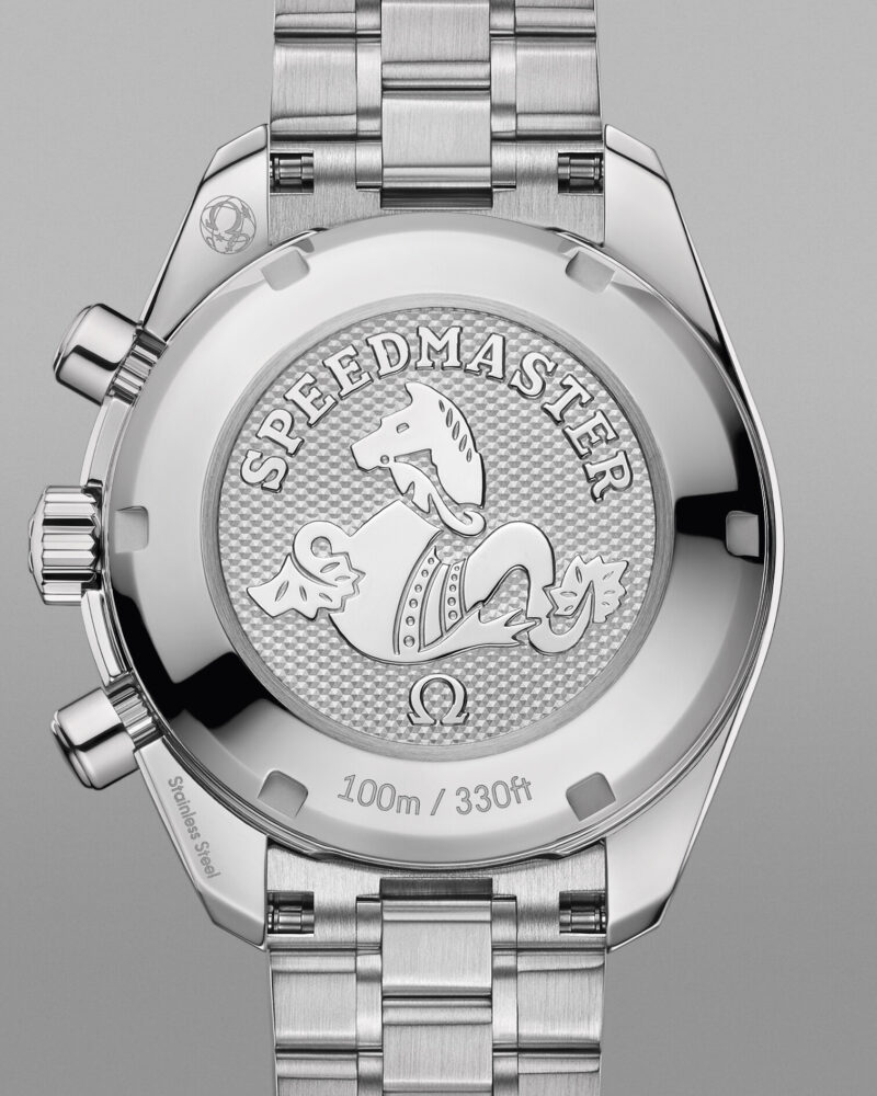 Caseback of the black no-date Omega Speedmaster 38