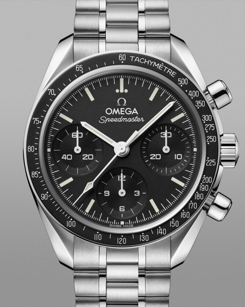 Front view of the black no-date Omega Speedmaster 38