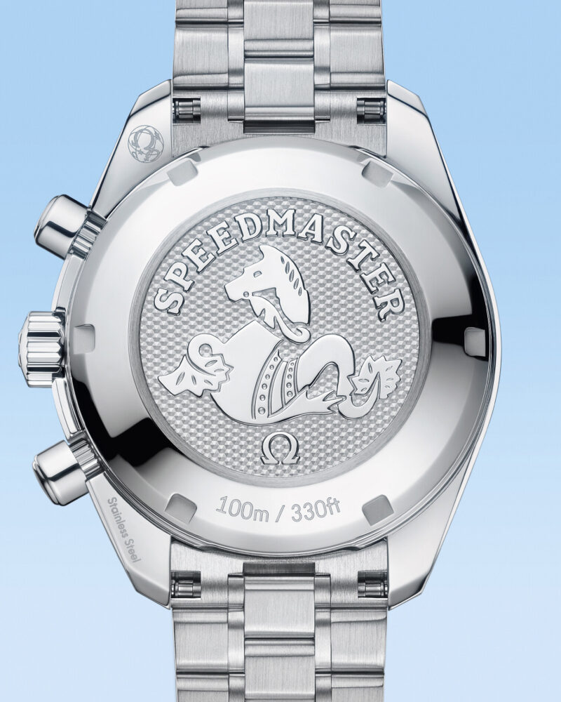 Caseback of the ice-blue diamond-set Omega Speedmaster 38