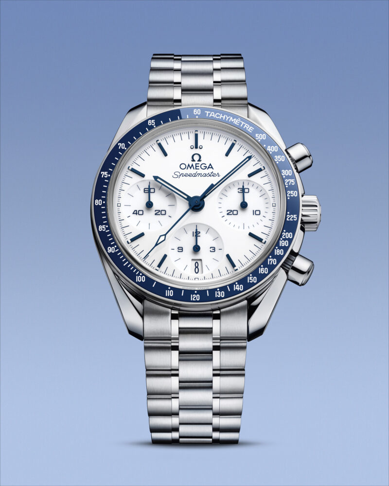 White and blue Omega Speedmaster 38 reference 324.30.38.50.04.001