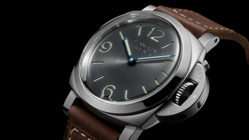 Angled view of Panerai PAM01794 crown-protecting bridge