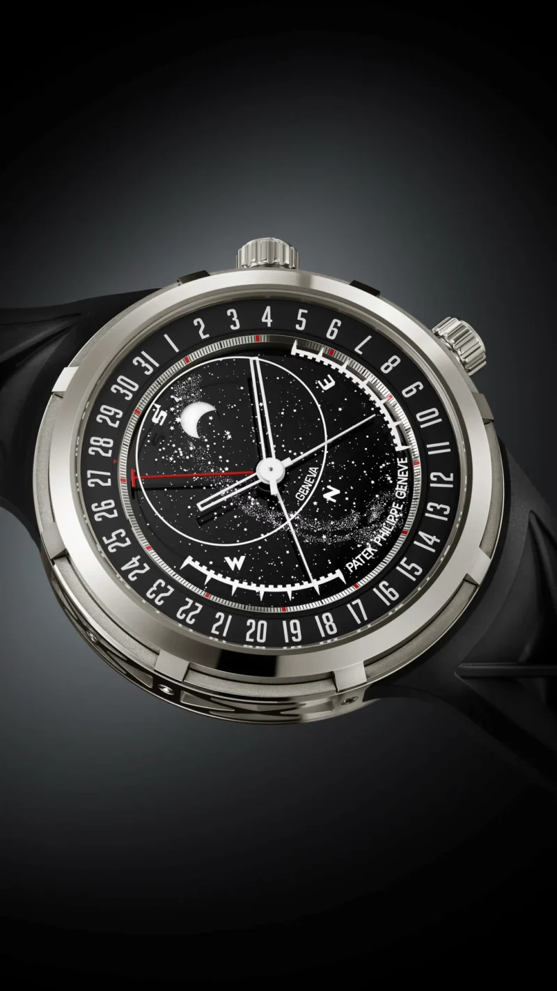 Three-quarter view of the Patek Philippe Ref. 6105G-001 dial and case