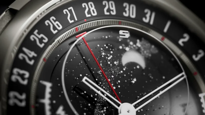 Dial detail showing the Ref. 6105G sunrise, sunset and date indications