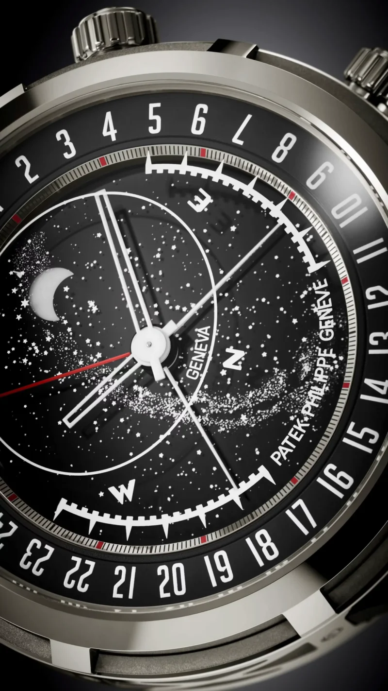 Close view of the Ref. 6105G sky, Moon and solar indication hands