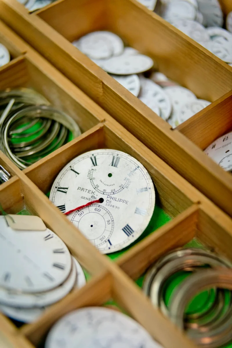 Patek Philippe drawers holding historic watch dials and cases