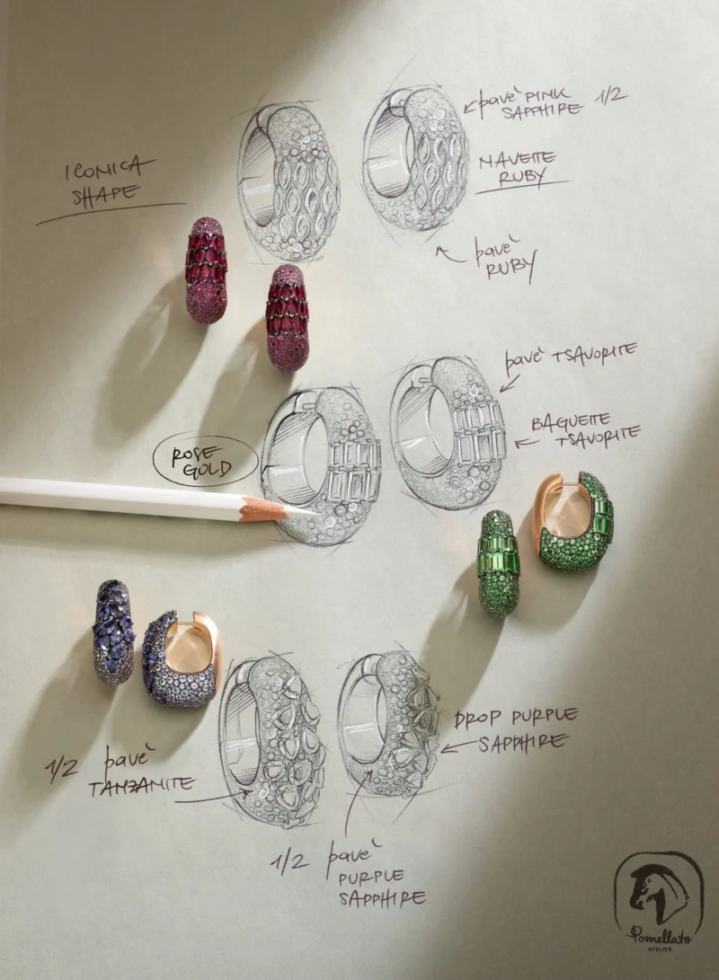 Coloured-stone earrings alongside annotated design studies in the Stile Libero press material.