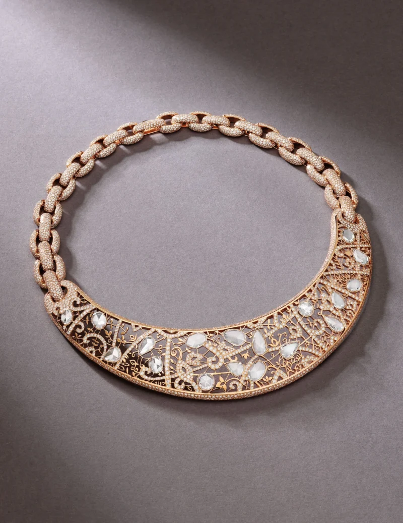 Arabesque: a rose-gold openwork necklace created with artisan Sara Bran.