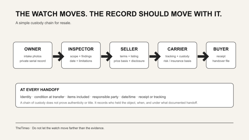TheTimeo watch resale handoff evidence chain
