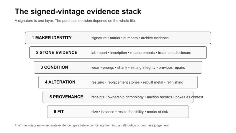 TheTimeo signed-vintage engagement-ring evidence stack