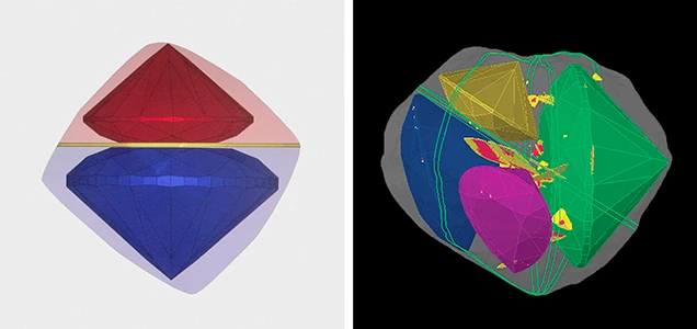Computer-generated cutting plans for two differently shaped rough diamonds