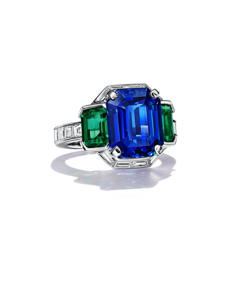 Tiffany sapphire, emerald and diamond ring in platinum