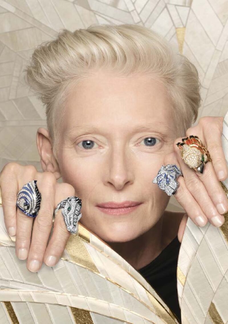 Tilda Swinton wearing four Cartier Into the Wild animal rings