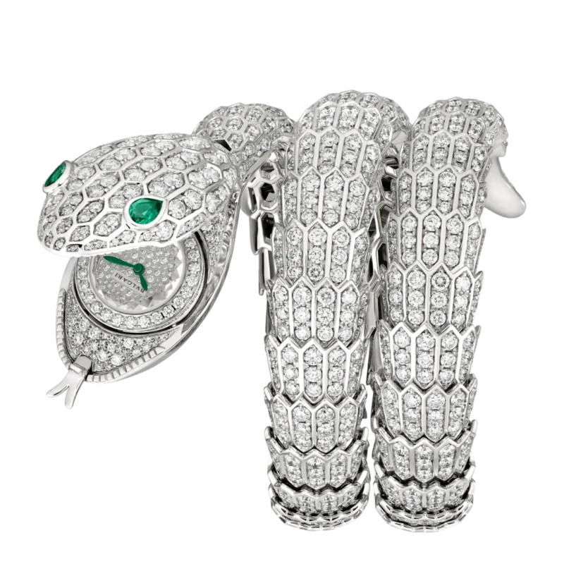 Diamond-set Bulgari Serpenti secret watch with green eyes and an open head