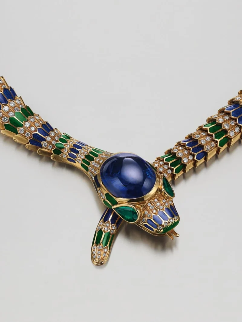 Bulgari serpent necklace with a large blue cabochon, coloured details and diamonds
