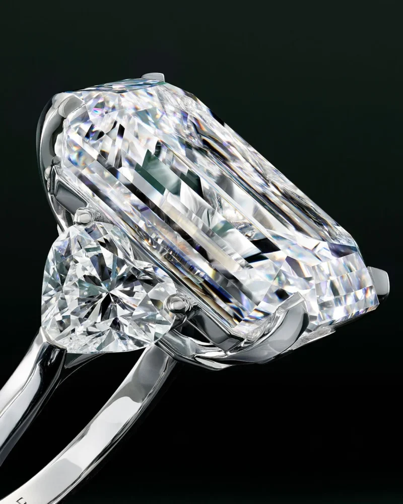 Macro view of a Graff emerald-cut diamond ring and its setting