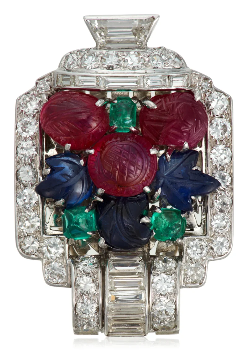 Signed Cartier Art Deco Tutti Frutti clip showing an identifiable house object
