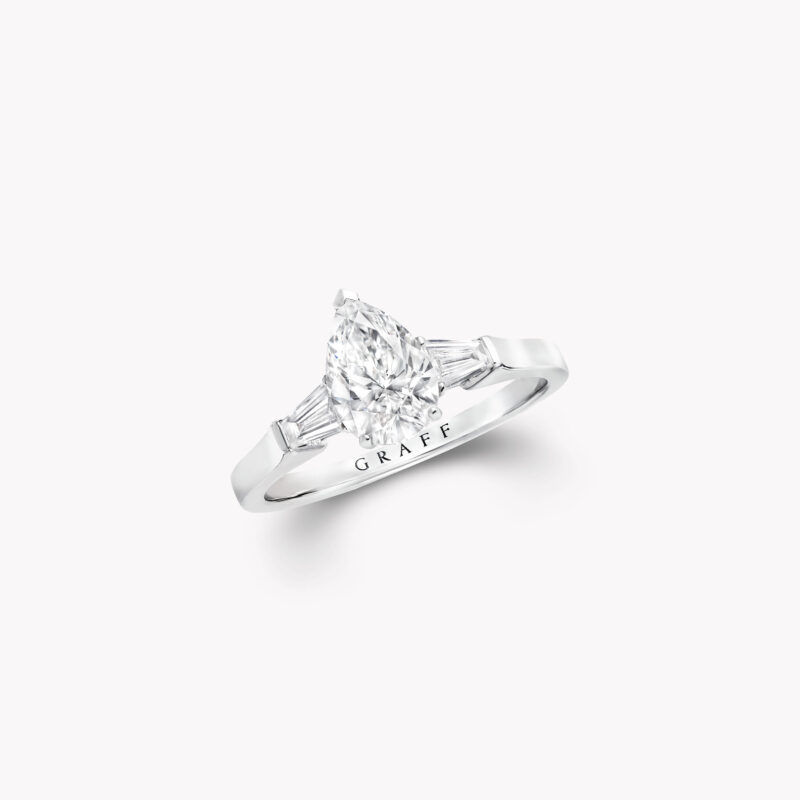 Graff Promise PT01 pear-shaped diamond ring with tapered baguette side stones.