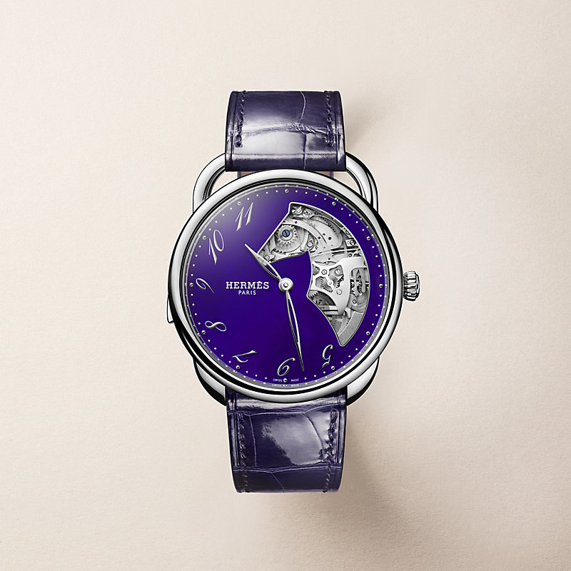 Hermès Arceau Samarcande W408546WW00 in white gold, with its Saint-Louis crystal dial and ink-blue strap.