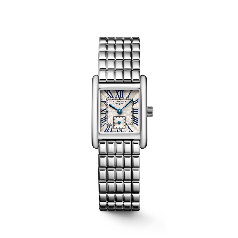 Front view of Longines Mini DolceVita L5.200.4.71.6 on its stainless-steel bracelet.