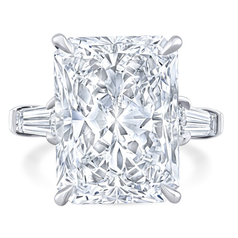 Norman Silverman radiant diamond three-stone ring, front view.