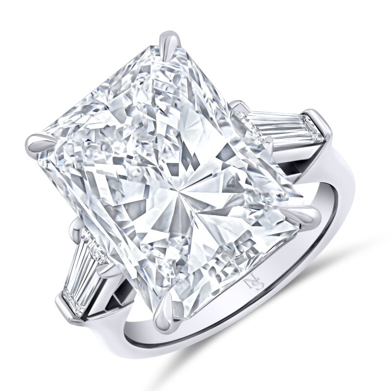 Three-quarter view of the Norman Silverman radiant diamond three-stone ring.