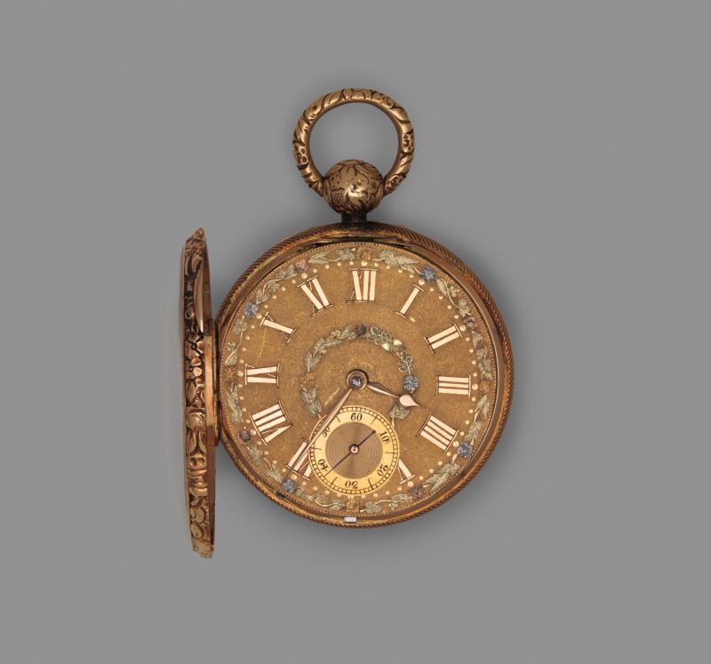 Robert Roskell gold pocket watch with Roman numerals and a small seconds dial.