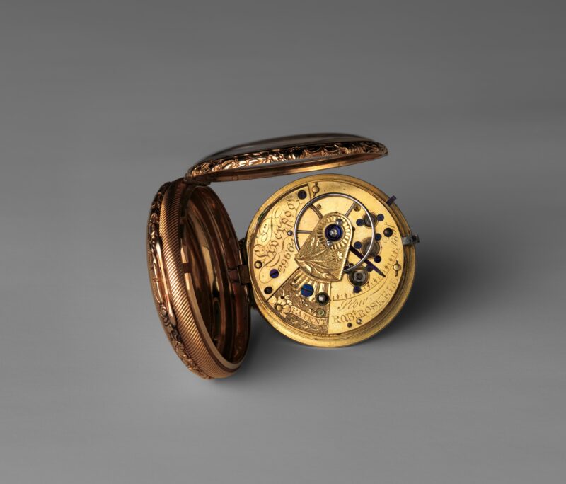 Robert Roskell watch with its case open and signed movement visible.