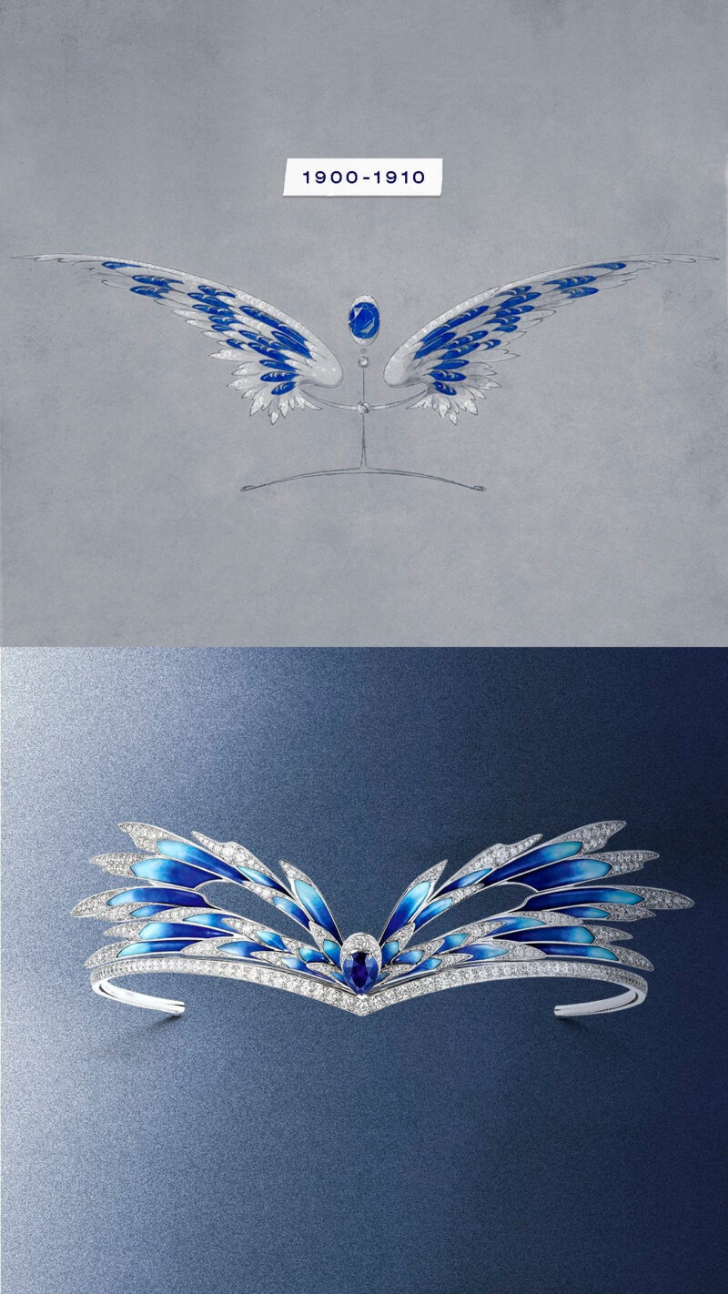 Chaumet comparison plate with an archival winged design above a contemporary blue winged tiara.
